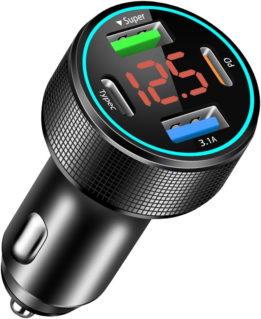 66W USB C Car Charger 4 Port Car Charger Adapter with 30W PD, 3.1A Aluminium Alloy Car Cigarette Lighter USB Charger with LED Voltmeter Compatible with Phone 15 14 13