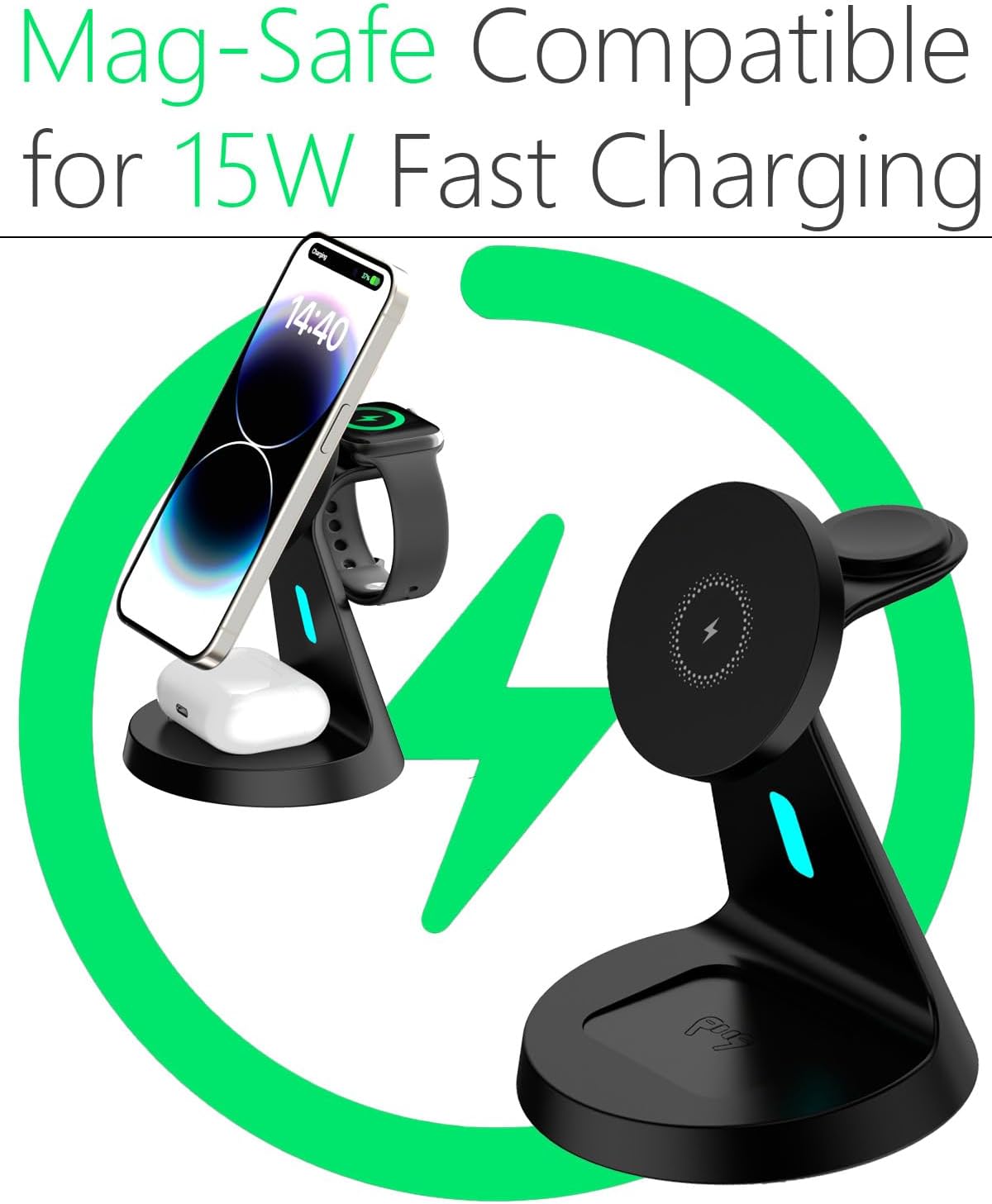 Wireless Charger Compatible with Mag-Safe,3 in 1 Charging Station for iPhone16/15/14/13/12 Series, Apple Watch,AirPods,15W Fast Charging (USB-C Adapter Included)