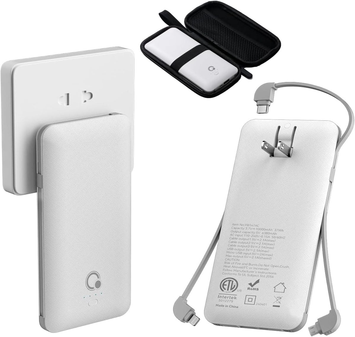 Q 10000mAh Power Bank, Slim Portable Charger,4 Output External Battery Pack with Built-in AC Wall Plug Micro USB C 3 Cables Compatible with iPhone Samsung Android Phone Tablet and More