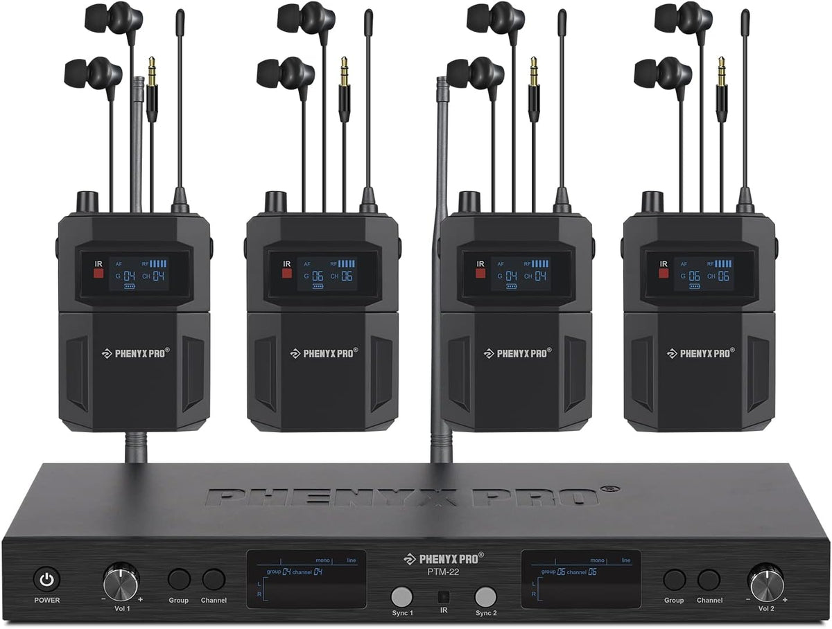 Phenyx Pro in Ear Monitor for Musicians, UHF Wireless in-Ear Monitors System, Mono 2-Channel IEM, Metal Stage Monitor w/ 2x50 Frequencies, 164ft Long Coverage, Rack Mount Kit (PTM-22, 4 Bodypacks)