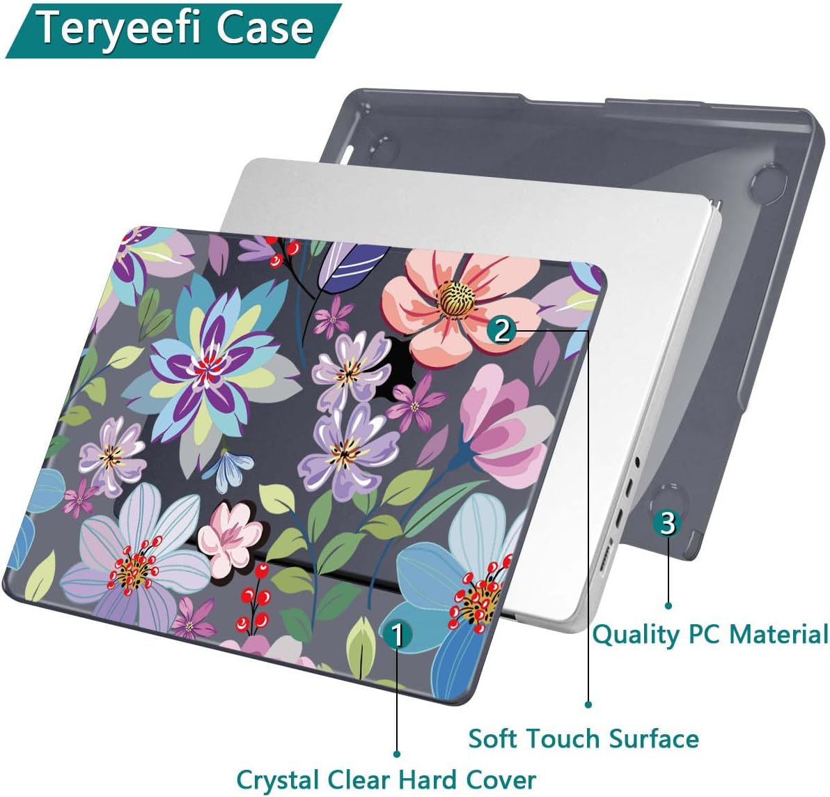 Teryeefi for MacBook Pro 14 inch Case M4 M3 M2 M1 Chip (2025 2024 2023 2021 Release) Model A3112 A3401 A3185 A2918 A2992 A2779 A2442, PC Hard Shell+Keyboard Cover Skin, Pretty Colorful Flower A004