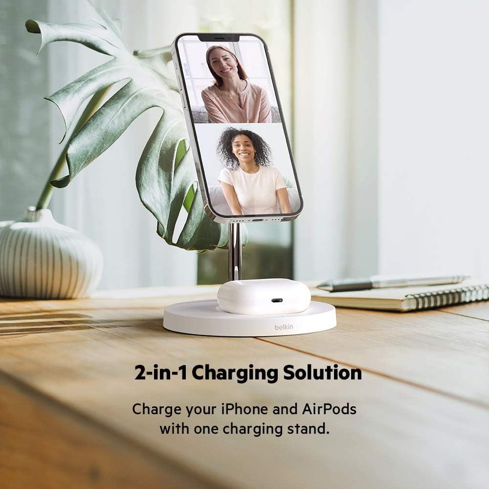 Belkin MagSafe 2-in-1 Wireless Charging Stand for Apple iPhone 13, 14, 15, 16, & AirPods - Fast Charging Station for Multiple Devices - White