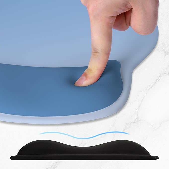 ITNRSIIET Ergonomic Mouse Pad with Wider Memory Foam Wrist Rest +17%, Curved Cushion Reduces Pressure 20%, Pain Relief, Non-Slip, Smooth, Cute Color Desk Accessory, 9.85 x 9 inch, Gradient Blue Ombre