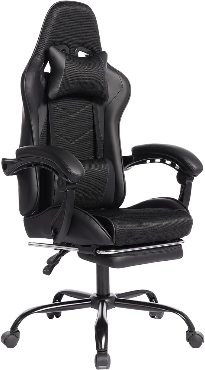 E-Sports Game Desk Chair Ergonomic Computer with Footrest and Comfy Lumbar Support for Adults PU Leather Recliner with Headrest Fixed Up Armrest Height Adjustable with 360° Swivel (Black)
