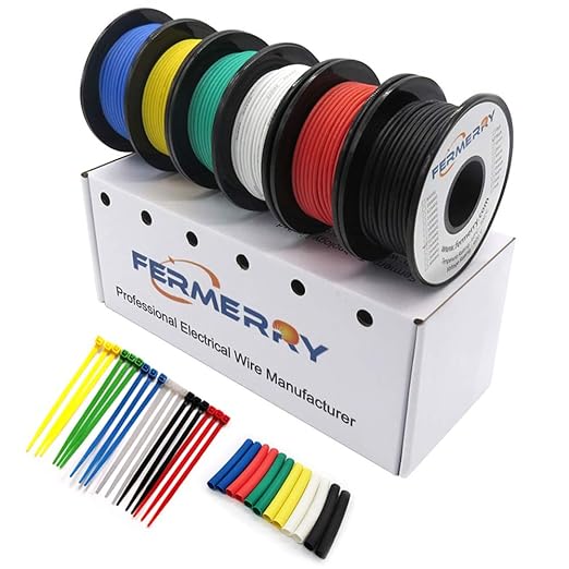 Fermerry 26 AWG Stranded Wire Spool 10ft Each 6 Colors Flexible 26 Gauge Silicone Hook up Wire Kit Electrical Tinned Copper Wire