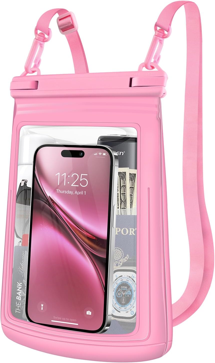 2L Floating Waterproof Phone Pouch for Up to 7.5", Large Space Adjustable Neck Lanyard Waterproof Bag. Dry Bag for Family Vacations, Beach, Pools, Kayaking, Cruises (Pink)