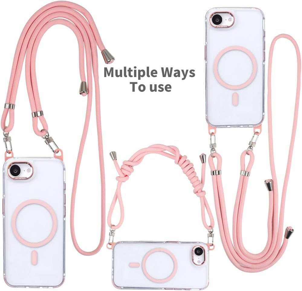 for iPhone 16e Case with Adjustable Phone Lanyard Strap, Compatible with MagSafe, Shockproof Military-Grade Protection, Magnetic Phone Case, Classic Clear Pink Hybrid Case, Yellowing Resistant