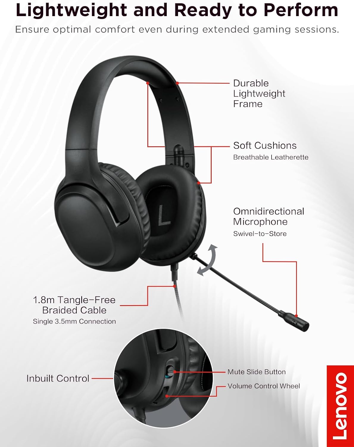 Lenovo H110 Wired Gaming Headset - 3.5mm Connection, Omni-Directional Microphone, Breathable Ear Cups, Built-in Volume Wheel - Black
