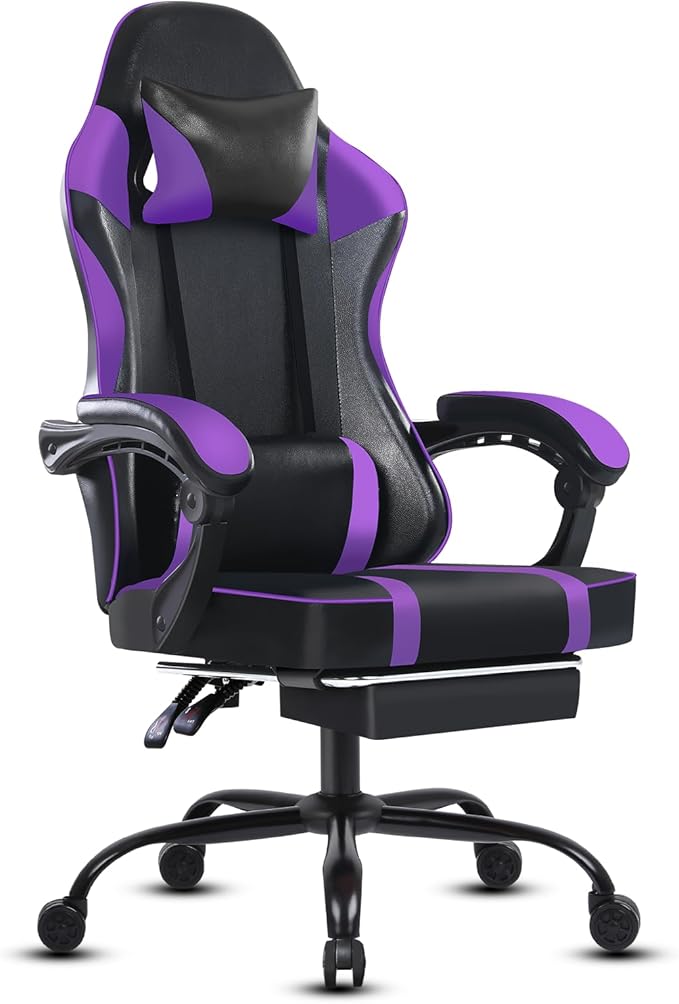 Gaming Chair Computer Chair with Footrest and Lumbar Support Ergonomic Video Game Chair with Headrest and 360°-Swivel Seat Height Adjustable Gamer Chair Office Desk Chair (Purple)