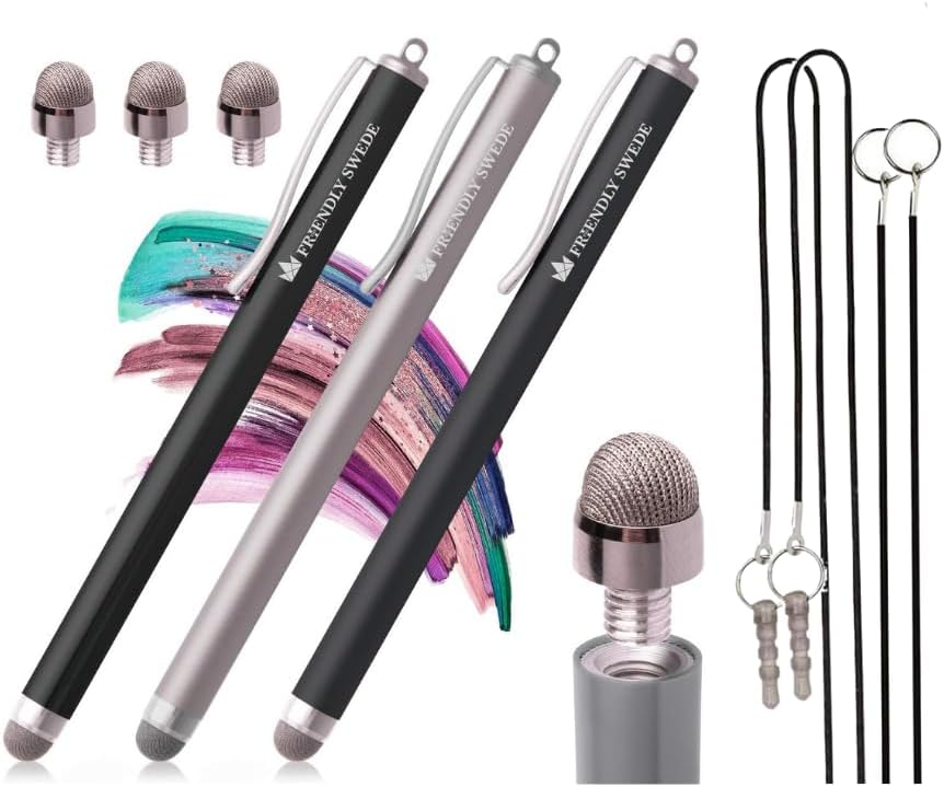 The Friendly Swede Mesh Tip Stylus Pen for Touchscreen — 3-Pack Micro-Knit Capacitive Stylus Pen for iPad & iPhone with 3 Replaceable Fiber Tips, Elastic Lanyards & Screen Cleaning Cloth