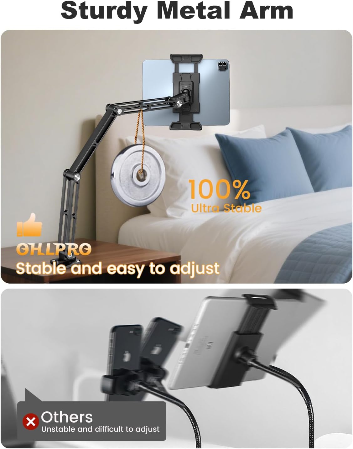 OHLPRO Aluminum Tablet Wall Mount Holder - 360° Adjustable & Extendable 3-Stage Arm for iPad Pro/Air/Mini, Galaxy Tab 5-13" | Heavy Duty Metal Stand for Kitchen, Office, Bedroom