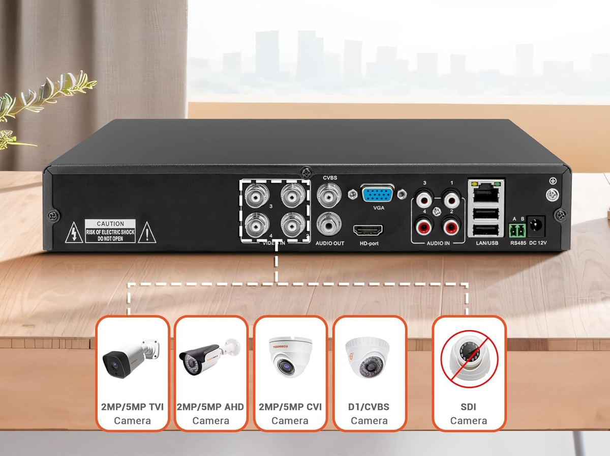 TIGERSECU Super HD 1080P 4 Channel DVR Security Recorder with 2TB Hard Drive, Hybrid 6-in-1 CCTV DVR Recorder Compatible with 2MP and 5MP TVI, AHD