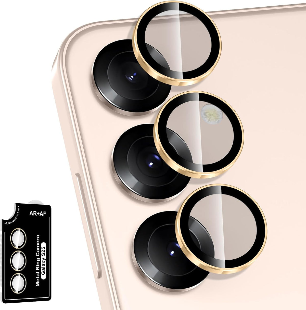 for Samsung Galaxy S25 Camera Lens Protector, Individual Metal Ring Tempered Glass Lens Cover, [Strong Adsorption] Scratch Resistant Ultra-Thin HD Clear Lens Cover, 1 Set-Gold Ring