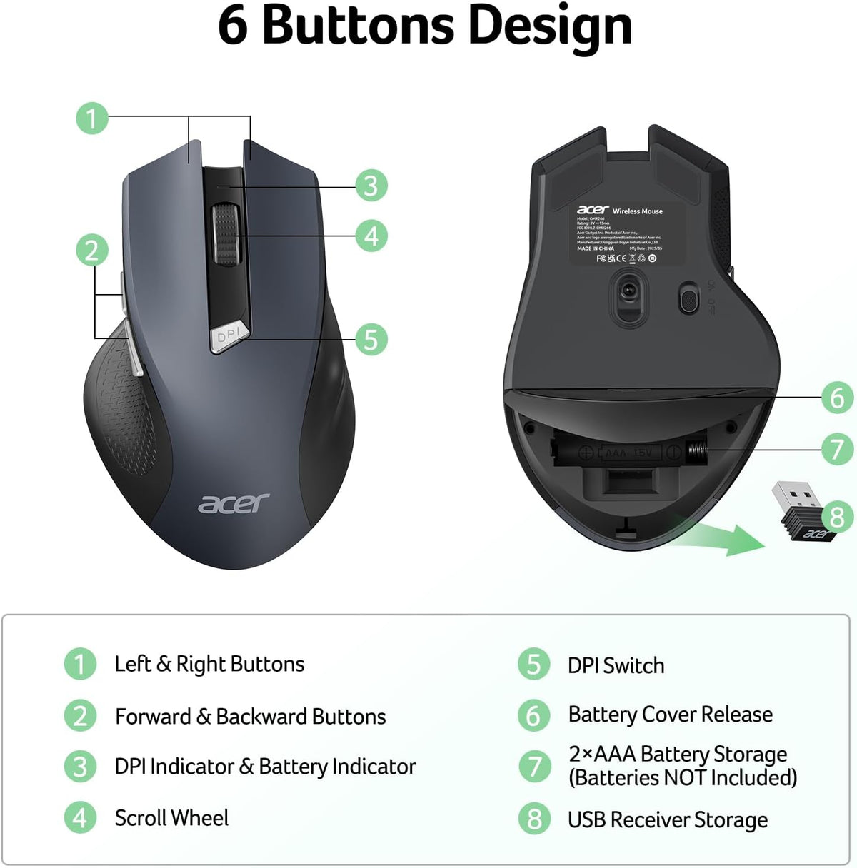 acer Wireless Mouse for Laptop, 2.4GHz Computer Mouse 3 Adjustable DPI Office Cordless USB Mice with USBA Receiver, 6 Buttons, 1600 DPI, Medium to Large Sized Hands Compatible with PC, Laptop, Desktop