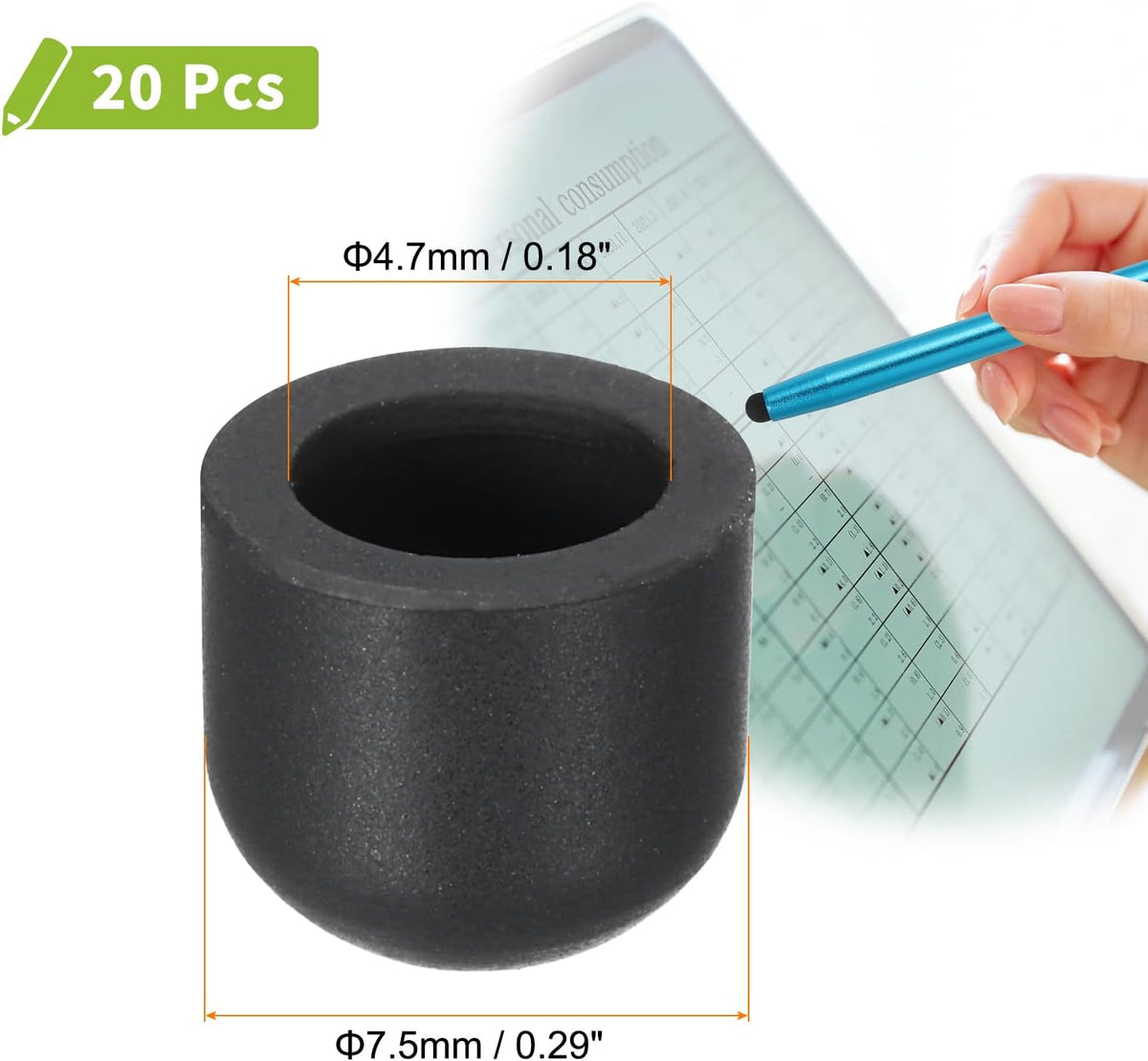 MECCANIXITY 20Pcs Replacement Stylus Pen Tips 7.5mm Conductive Capacitive Touch Screen Pens Tips Silicone Rubber, Black