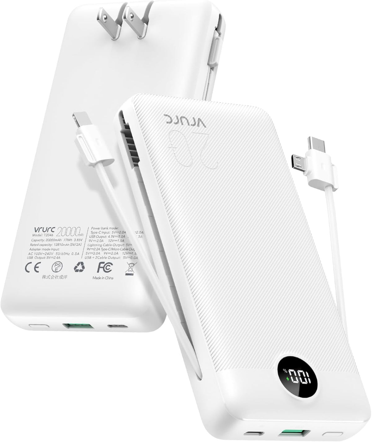 VRURC Power Bank 20000mAh, Fast Charging Portable Charger USB C,4 Output 2 Input Travel Essentials Charging Bank Equipped with LED Display,Built-in Wall Plug and Cables,Phone Charger Battery,White