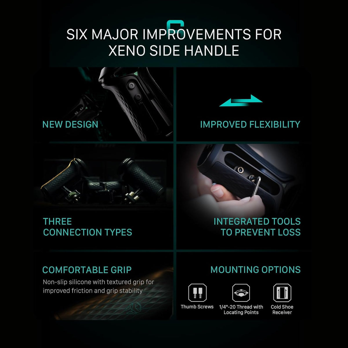 Tilta Xeno Side Handle for Filmmakers & Cameras - Black | Secure Connection & Helps Prevent Rotation | Adjustable Height | Textured Silicone Grip | Convenient Assembly (Dual 1/4″-20)