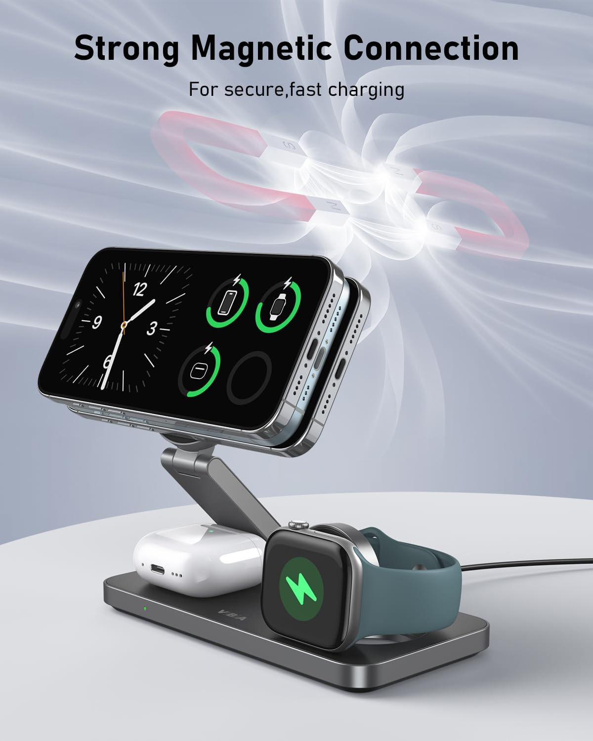 VBA 3 in 1 Wireless Charging Station for Apple MagSafe Charger,Foldable Fast Charging Magnetic Wireless Charger Stand,Travel Charger for iPhone 16 15 14 13 12,Apple Watch,AirPods Pro(Black)