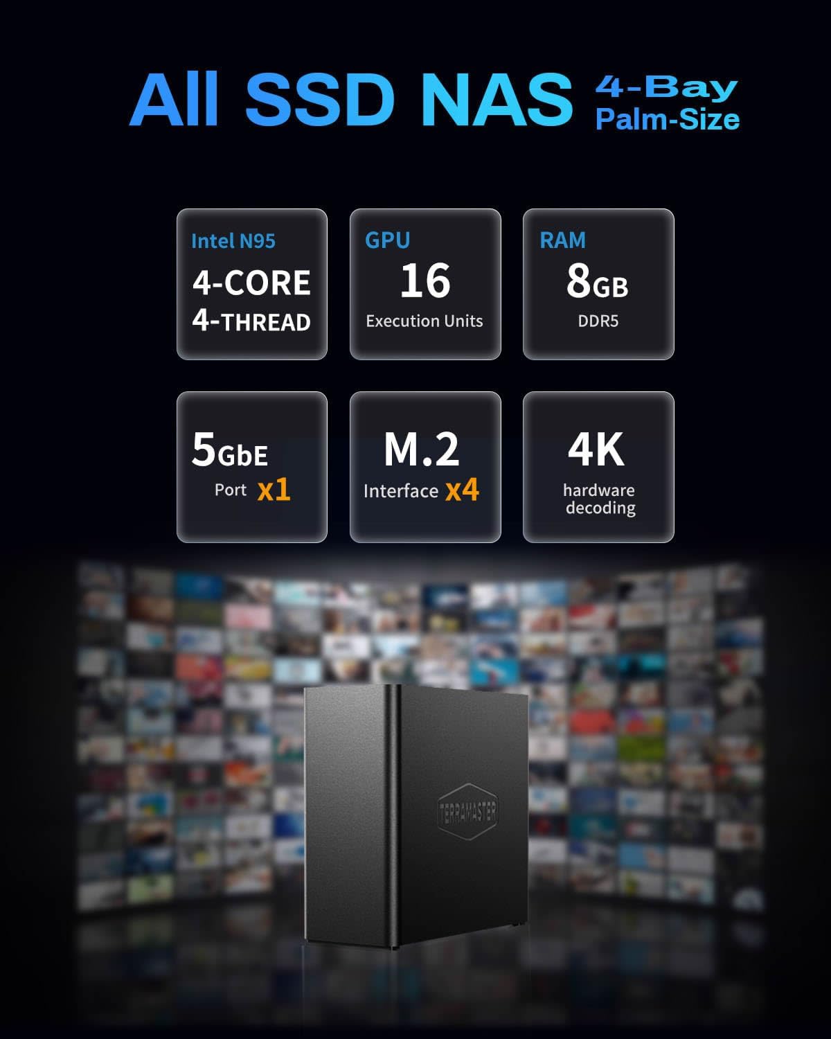TERRAMASTER F4 SSD NAS Storage - 4Bay All SSD NAS Server N95 QuadCore CPU, 8GB DDR5 RAM, 5GbE Port, Palm-Sized High-Performance Network Attached Storage (Diskless)