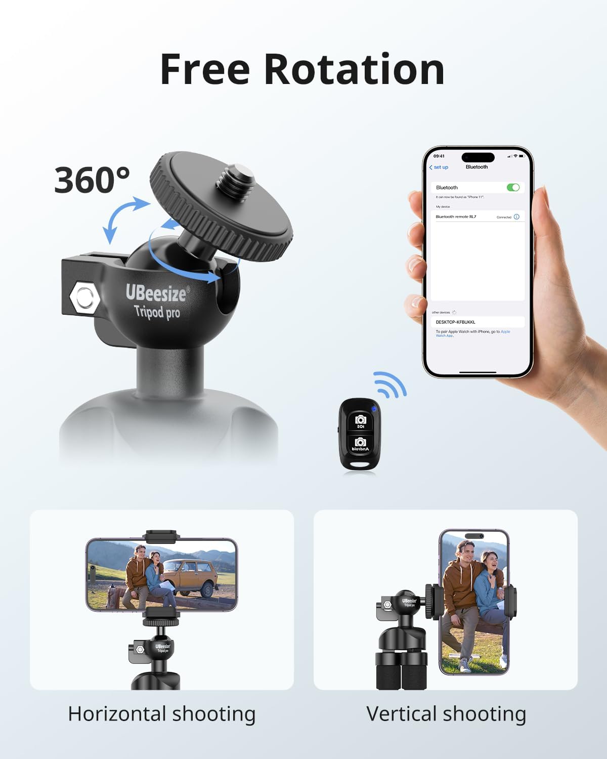 UBeesize Flexible Mini Phone Tripod, Portable and Adjustable Camera Stand Holder with Wireless Remote and Universal Clip, Compatible with Cellphones, Sports Cameras