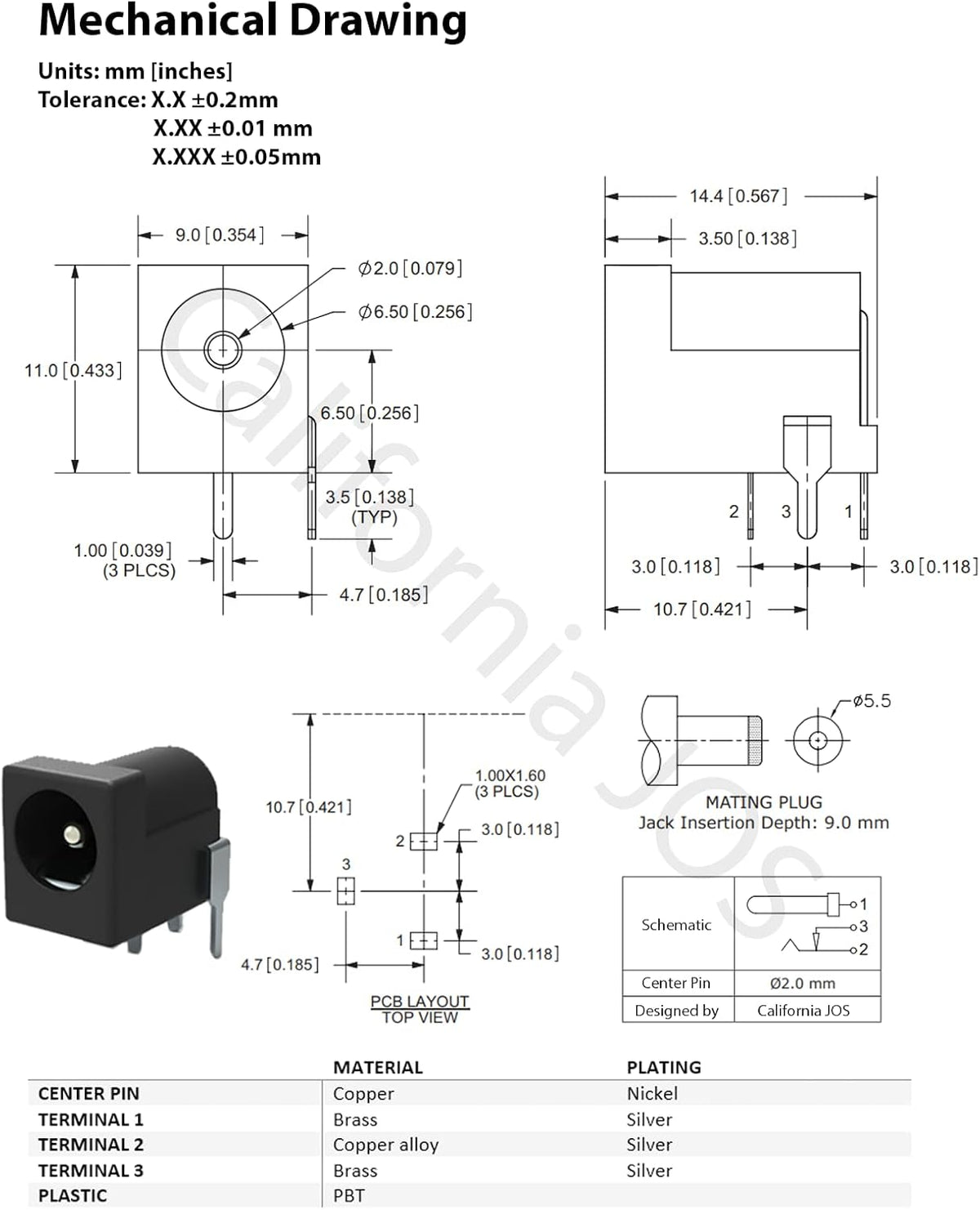 2.1mm (10 California JOS Breadboard-Friendly PCB Mounting Female DC Power Barrel Jack PCS)