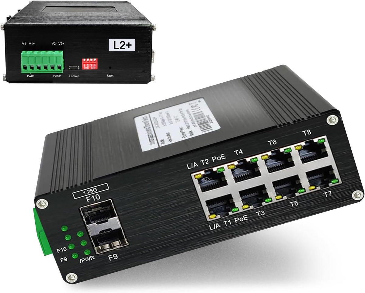 Industrial L2+ Managed 8 Port PoE Ethernet Switch with 2 SFP Slot, Gigabit Networking Switch with IPv4/IPv6 Management and DIP Switch, Supporting Din-Rail