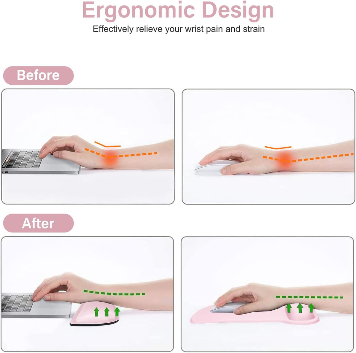 MOSISO Wrist Rest Support for Mouse Pad & Keyboard Set, Ergonomic Mousepad Non-Slip Base Home/Office Pain Relief & Easy Typing Cushion with Neoprene Cloth & Raised Memory Foam, Rose Pink