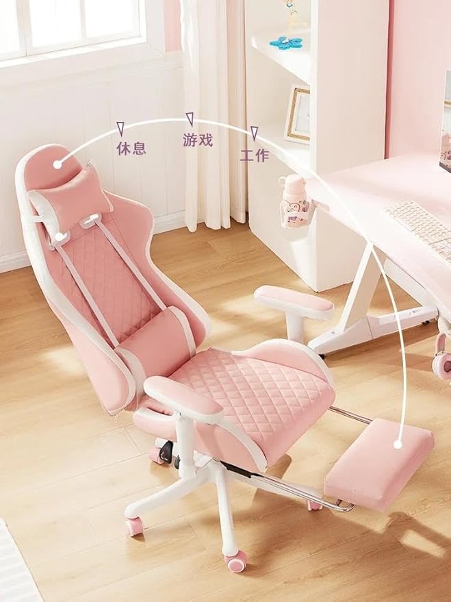 Computer Chair Chairs Pink Gaming Chair Ergonomic Leather Chair Girls Home Office Comfortable Game Swivel Chair Gamer Live Computer Chair(C+There are Pedals)