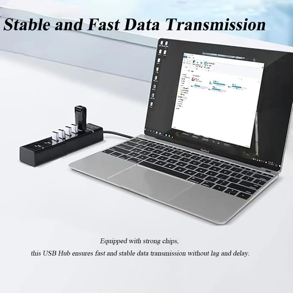 7 Ports USB Hub, Multiple Port USB Hub with Indictor Light, High Speed Data Transmission USB Adapter, Compatible with Mouse, Keyboard, Printer, Windows, MacOS, Linux