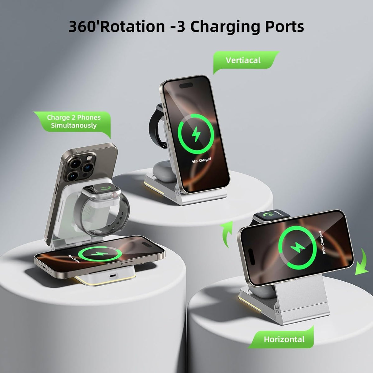 Aluminum 3 in 1 Wireless Charging Station,Foldable Wireless Charger for Apple Magsafe with Light,Portable Travel Magnetic Charger Stand for iPhone 16/15/14,Watch,Airpod, Include PD 20W Adapter & Case