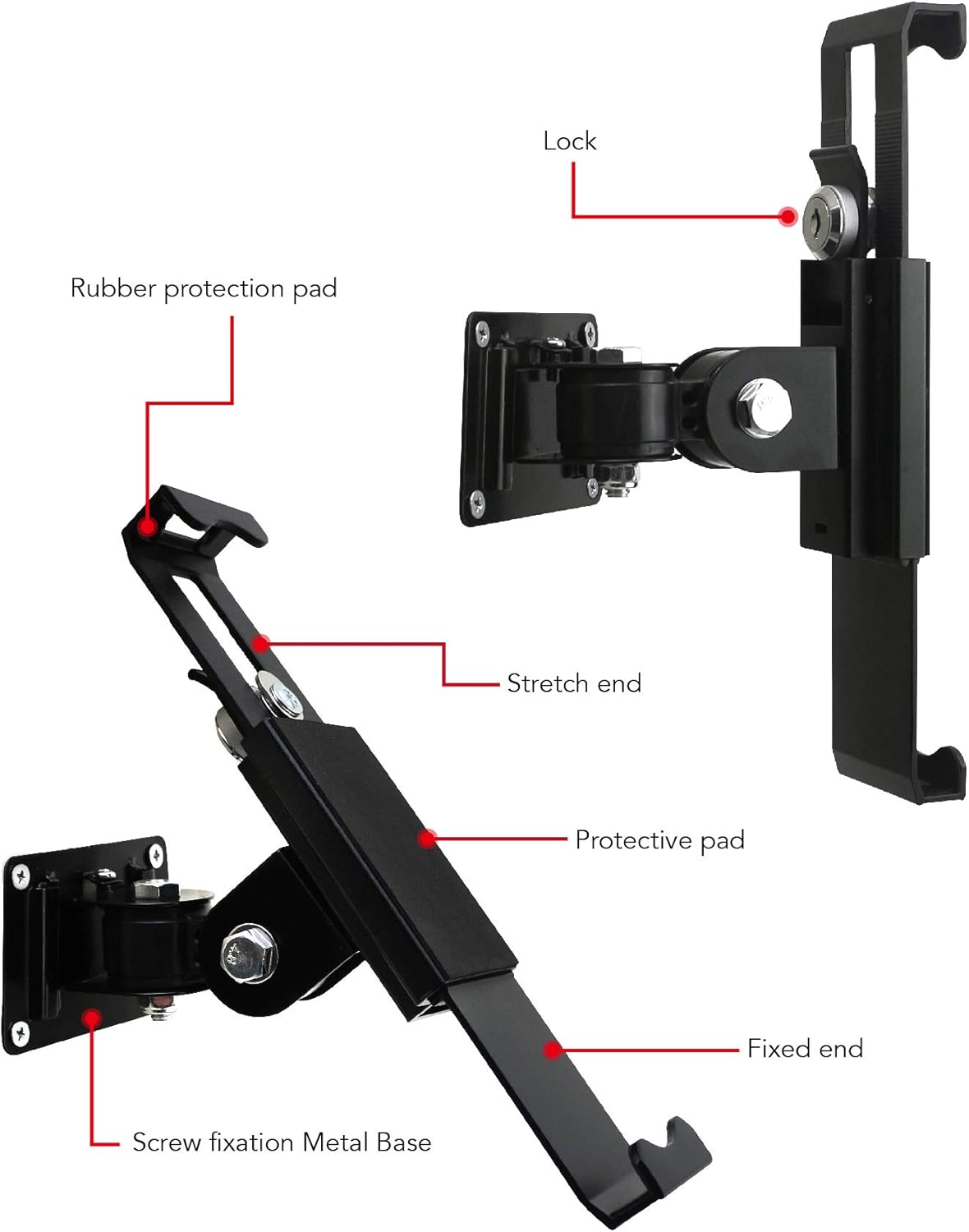 Tablet Wall Mount Holder with Lock and Key, Rotate Design Arbitrary Adjustment,Multi Angle,Bracket for Most 8 to 10.4 Inch,and for iPad Air &10.2,10.9,Pro 11 Galaxy tab,and More (Black)