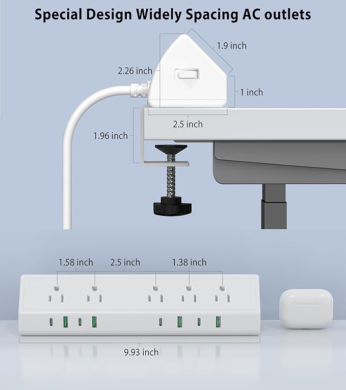 Jgstkcity Desk Clamp Power Strip USB C 45W,8 USB,10FT Cable,White