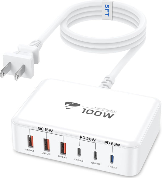 Aiminu USB C Charger Block Charging Station 6-Port 100W GaN USB C Fast Charging for Multiple Devices PD 3.0 Type C & USB A Wall Charger Power Adapter for All iPhone iPad Samsung Android Pixel Series