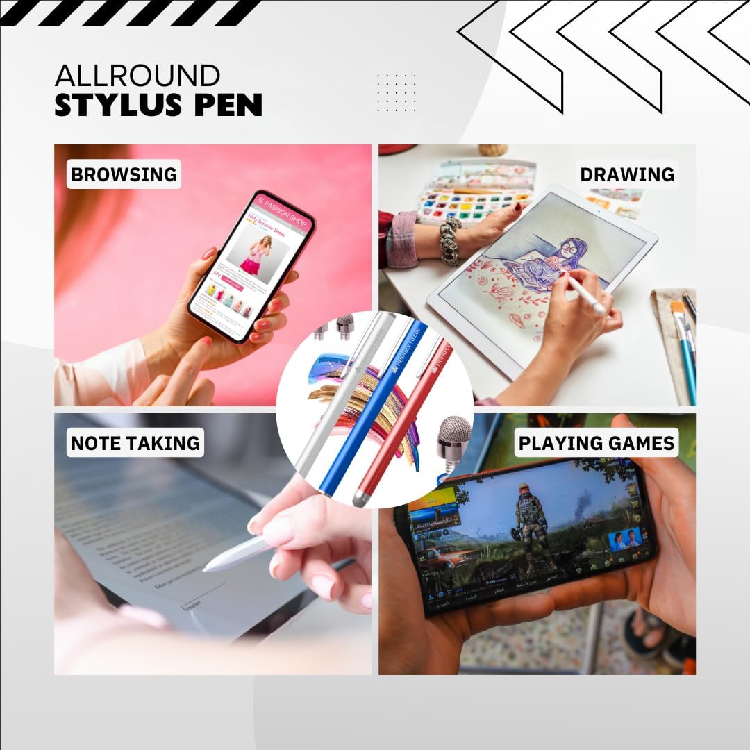 The Friendly Swede Mesh Tip Stylus Pen for Touchscreen — 3-Pack Micro-Knit Capacitive Stylus Pen for iPad & iPhone with 3 Replaceable Fiber Tips, Elastic Lanyards & Screen Cleaning Cloth