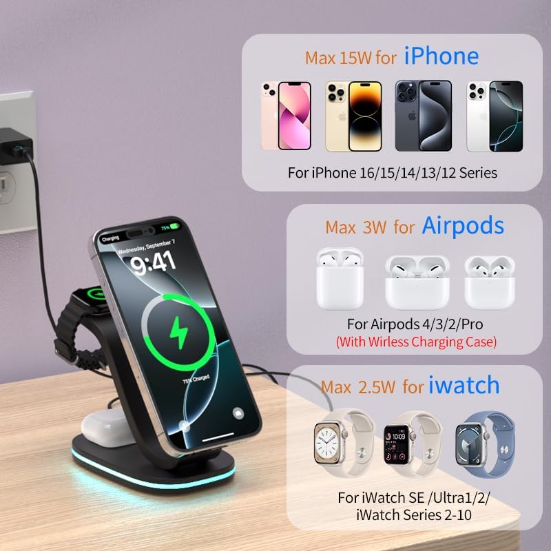 3 in 1 Wireless Charging Station for Qi2 Apple Multiple Devices, 30W USB C Adapter&Light, Fast Mag-Safe Charger Stand Compatible with iPhone 16 15 14 Pro Max, Apple Watch Series 10 9 & Airpods 4 3 Pro