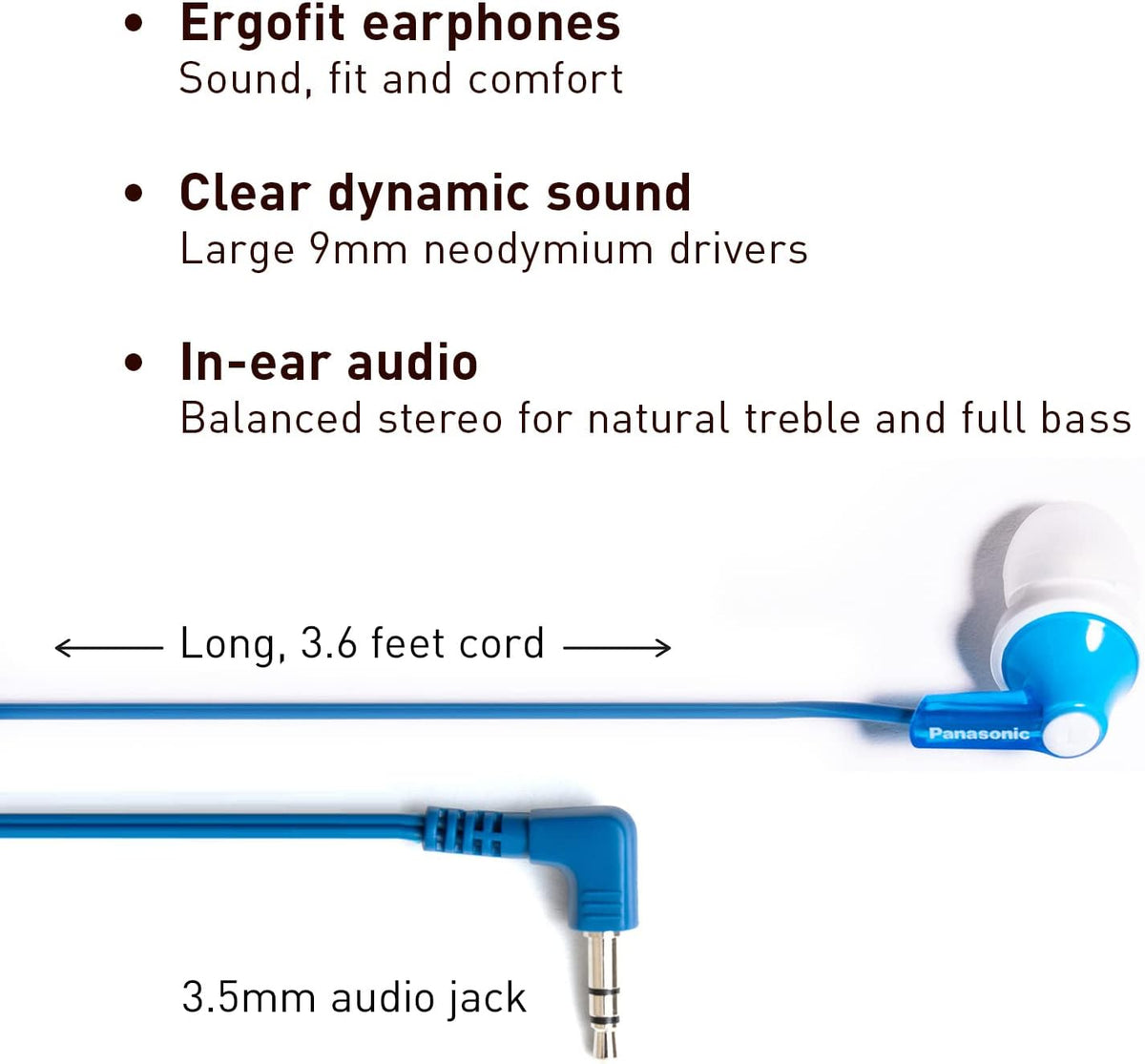 Panasonic ErgoFit Wired Earbuds, In-Ear Headphones with Dynamic Crystal-Clear Sound and Ergonomic Custom-Fit Earpieces (S/M/L), 3.5mm Jack for Phones and Laptops, No Mic - RP-HJE120-A (Blue)