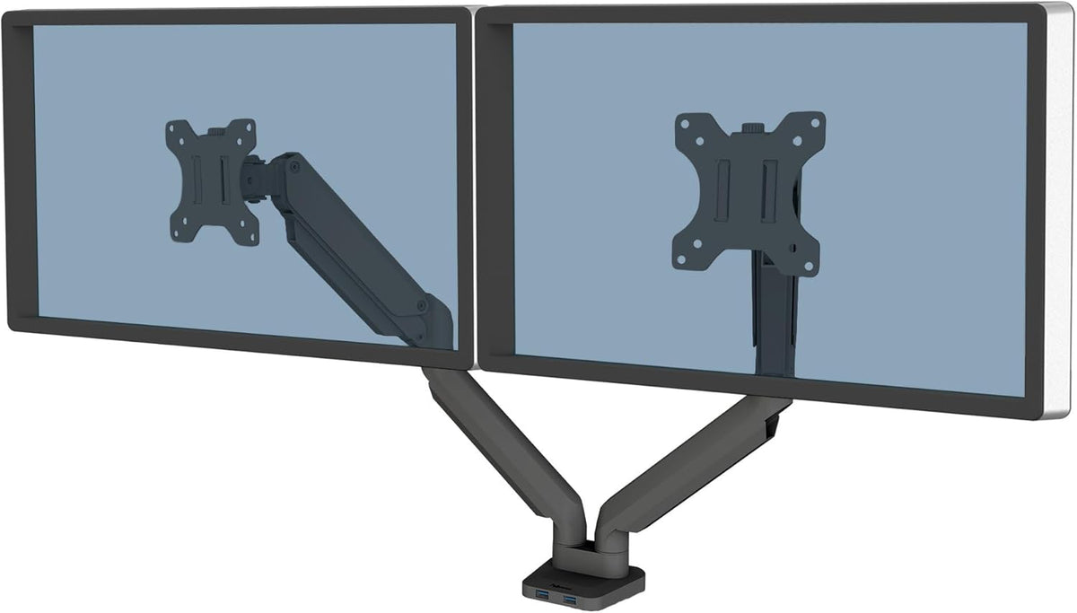 Fellowes Platinum Series Dual Monitor Arm for 40-Inch Monitors, Full Motion, 360° Rotation, VESA Mount with Grommet or Clamp, USB Ports, Ergonomic, Black, 8042501