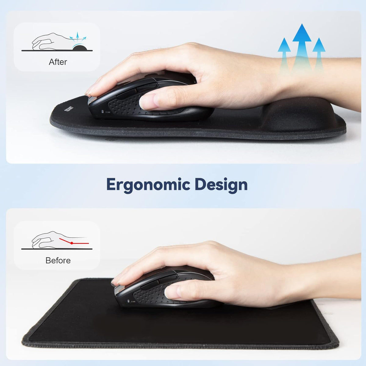 TECKNET 2 Pack Mouse Pad with Wrist Support, Ergonomic Gaming Mouse Pad Pain Relief, Portable Comfortable Mousepad for Computer, Laptop, Office, Home Non-Slip Base, Waterproof Surface - Black