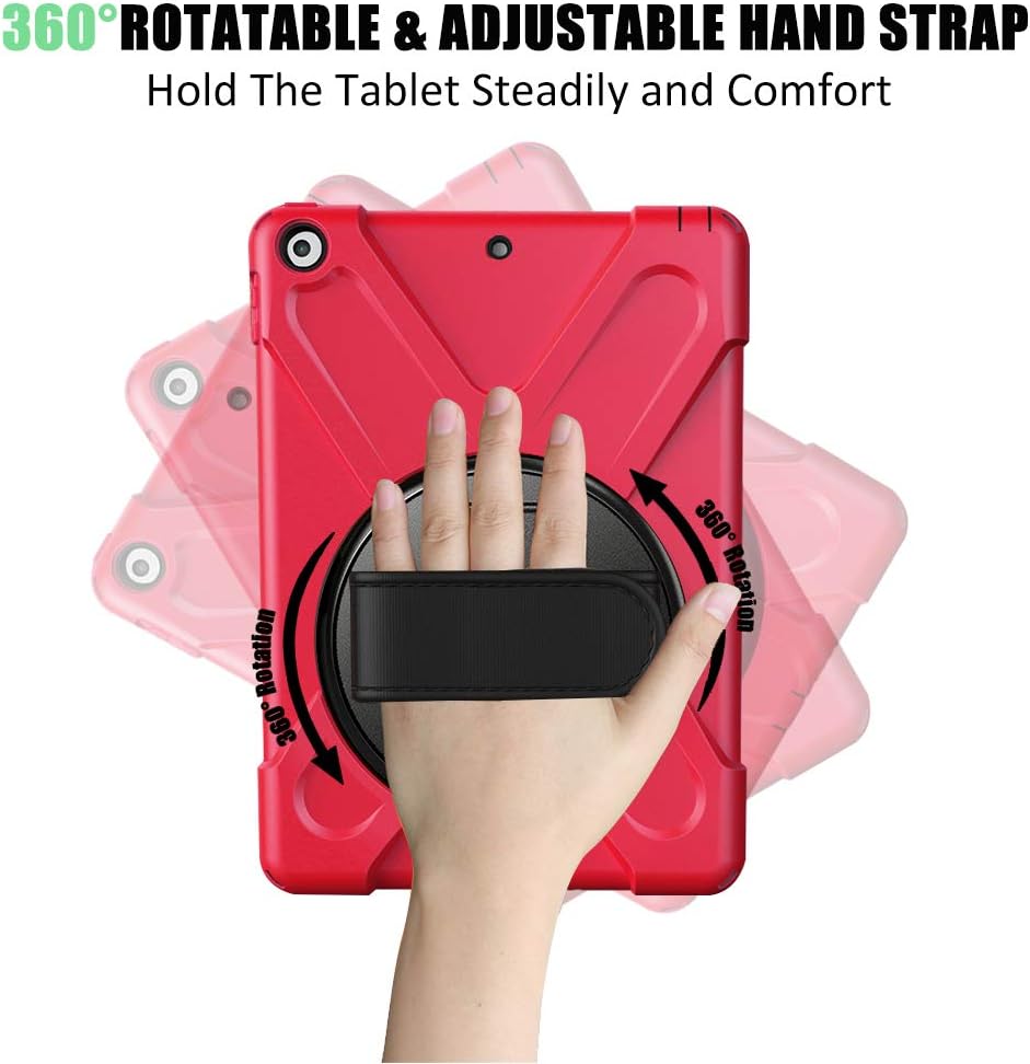ZenRich Shockproof Case for iPad 9th/8th/7th Generation 10.2 inch 2021/2020/2019, Heavy Duty Rugged Case with Pencil Holder/360° Rotating Kickstand/Handle/Carrying Strap, Red