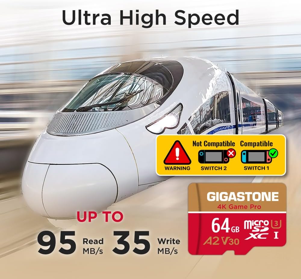 Gigastone 1 64GB 4K 95/35MB/s, U3 A2 V30 5-Years For Switch Only Micro SD Card, Game Pro, MicroSDXC Memory Card