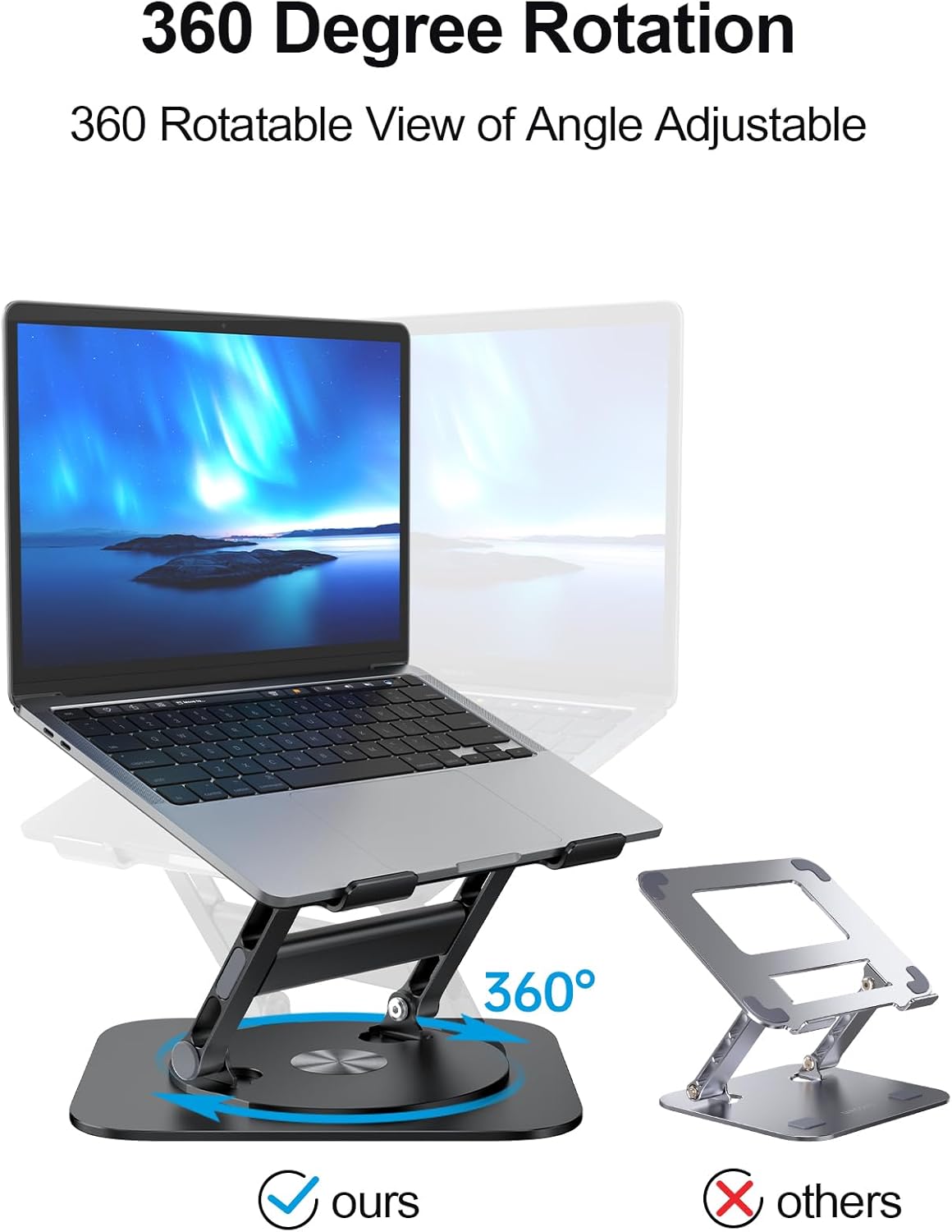 Laptop Stand, H-Design Stable Computer Stand, Ergonomic Laptop Riser with 360° Rotating Base, Notebook Compatible with All 10-17” Laptops, Black