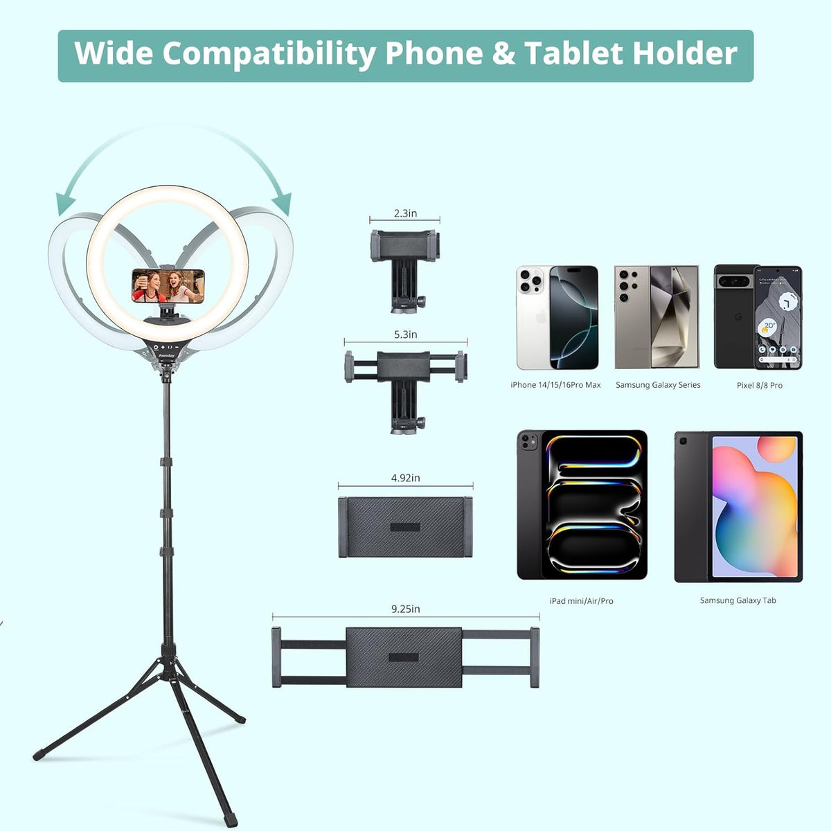 Aureday 14inch iPad Ring Light with Tripod Stand, 62inch Selfie Tripod Light Ring with Phone&Tablet Holder for Recording, 20W LED Circle Light with Wireless Remote for Tiktok, Makeup, Live Streaming