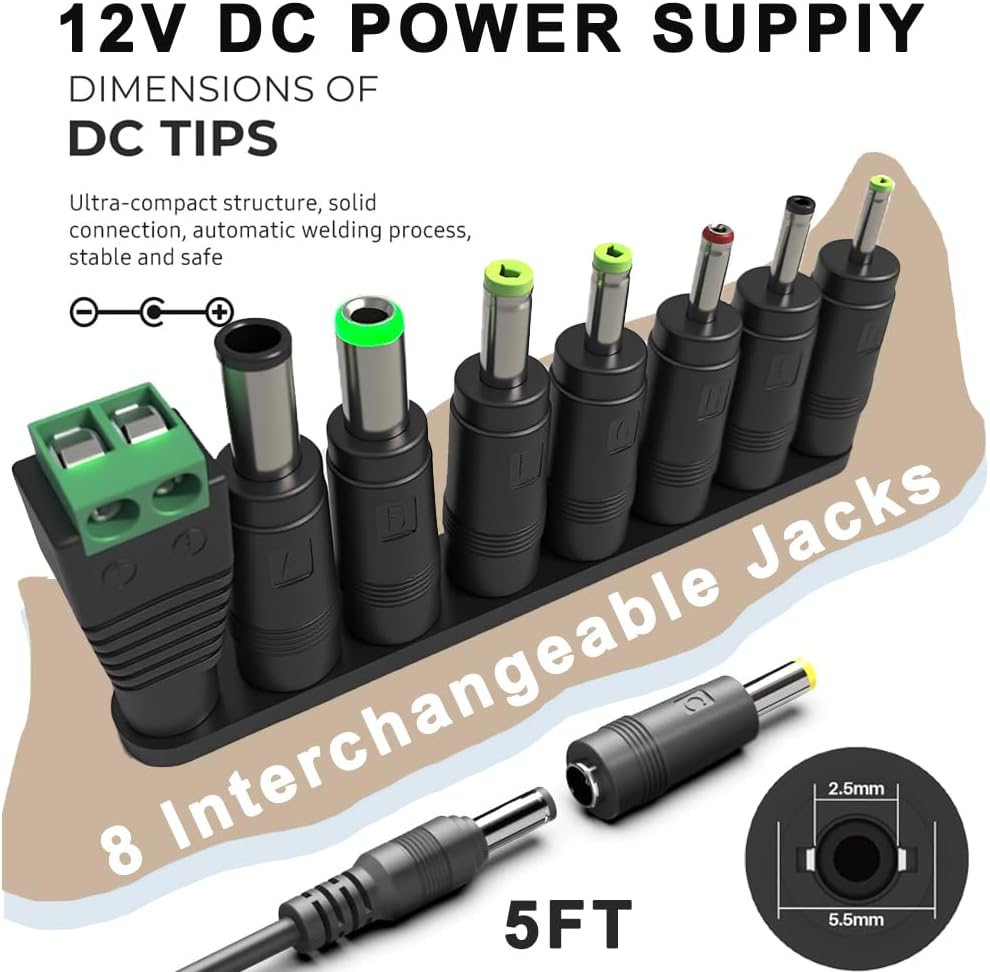 GGRD 12V 2A 8 12Volts 500mA-2000mA Power Supply AC Adapter Replacement with Tips, Universal Regulated Regulated Power
