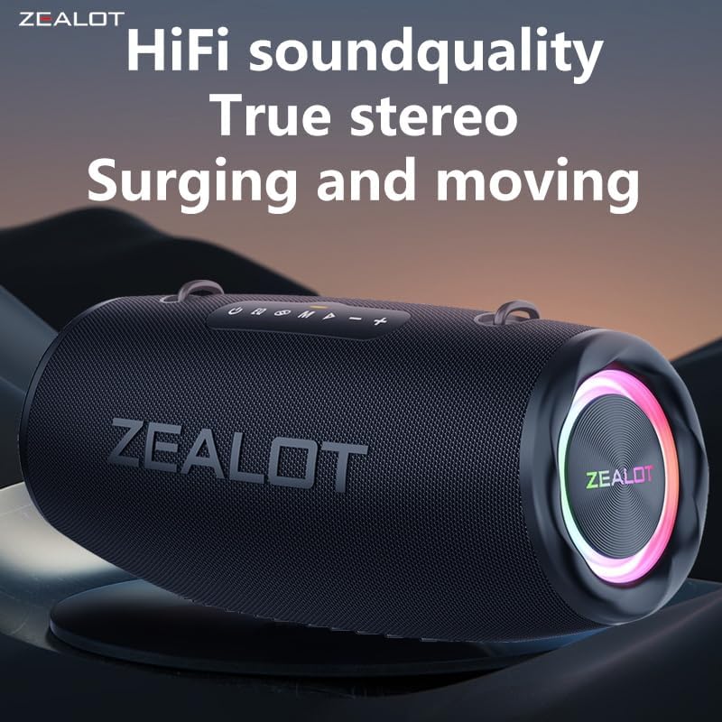 ZEALOT 80W Portable Bluetooth Speaker, Stereo Sound with Deep Bass,IPX6 Waterproof, LED Light,Bluetooth 5.2, Indoor/Outdoor Speaker for Party, Gathering, Pool, Camping,Travel (Black)