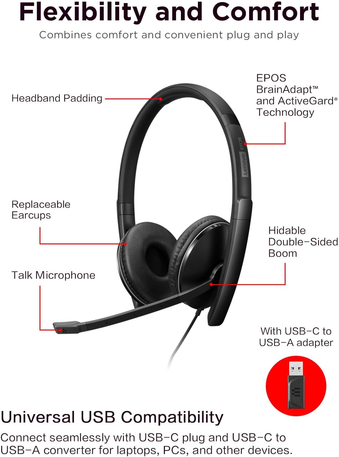Lenovo Wired ANC Headset, USB-C and USB-A connectivity, Zoom Certified, Active Noise Cancellation, Hearing Protection, 145g Lightweight Comfortable Design, Replaceable Earcups, Business Headset