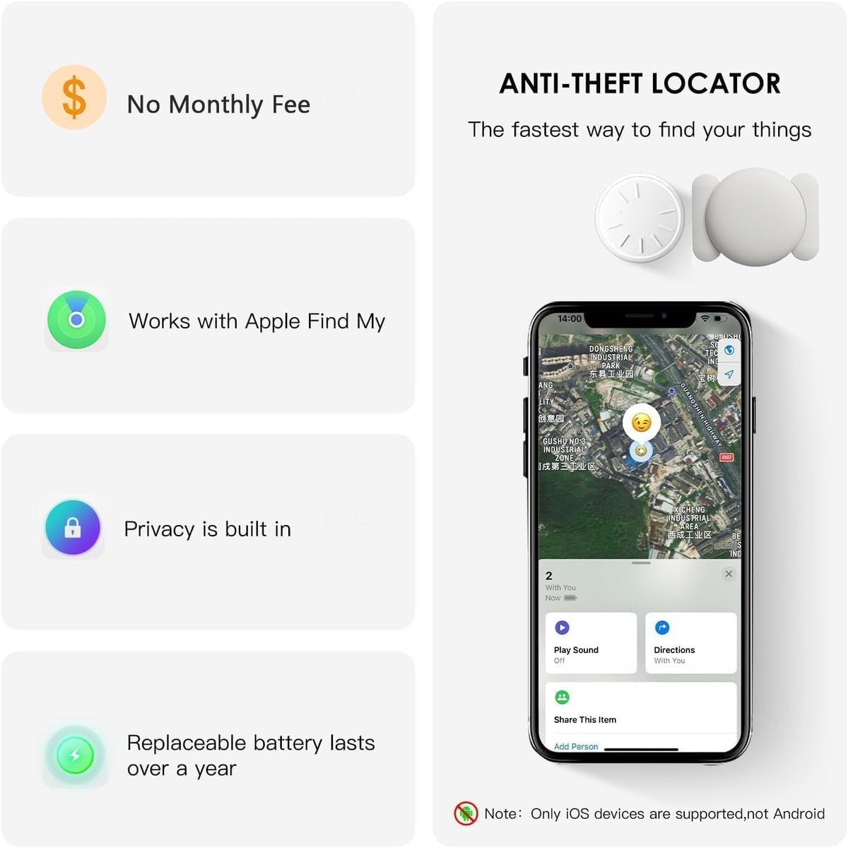 HONGTOP H (White,2PCS) Tracker Device for Vehicles,No Monthly Fee GPS Car Tracker,Anti-Lost Car Locator Works with Find
