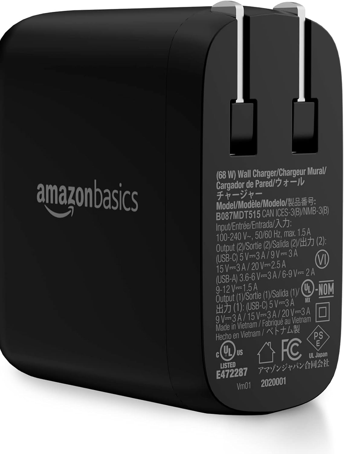 Amazon Basics 68W Two-Port GaN Wall Charger with 1 USB-C (60W) & 1 USB-A Ports (18W) with PD for Laptops, Tablets & Phones (iPhone 16/15/14/13/12/11/X, iPad, MacPro, Samsung, and more), Non-PPS, Black