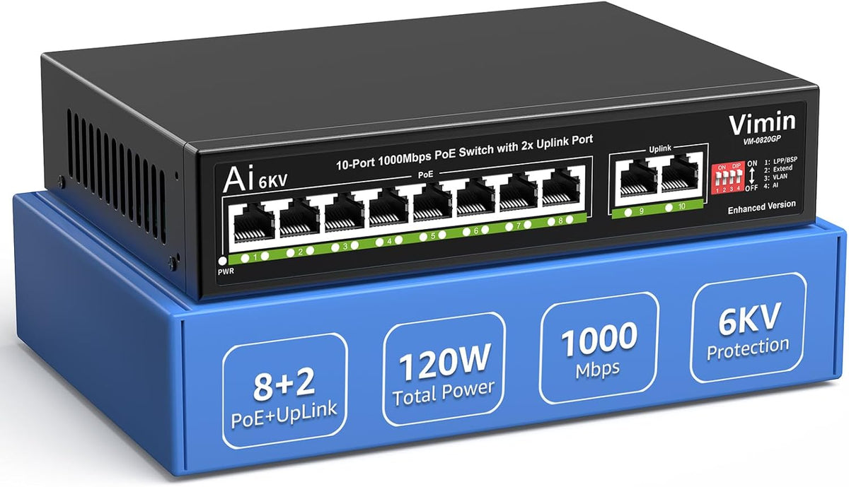 10-Port Gigabit PoE Switch with 8 Port PoE, VIMIN 8-Port Unmanaged 10/100/1000Mbps Network PoE Switch with 2 Uplink Ports, AI Watchdog, VLAN, Extend 250m, Support IEEE802.3af/at