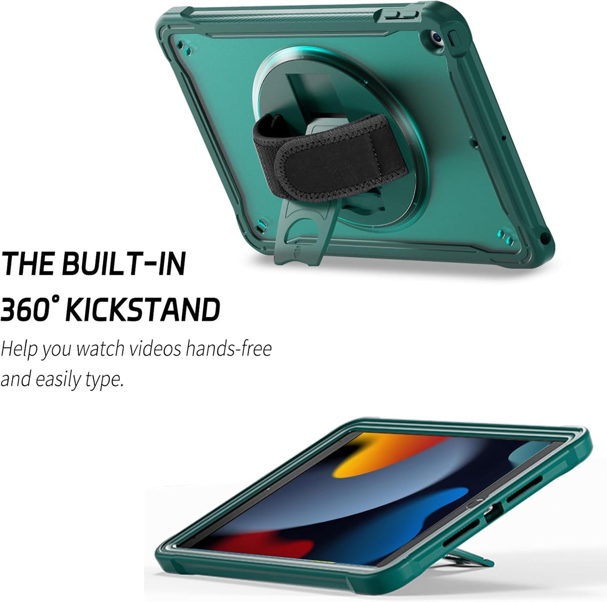 ZenRich Clear Case for iPad 9th/8th/7th Generation 10.2 inch 2021/2020/2019, Shockproof Slim Hard Case with Pencil Holder/360°Rotating Kickstand/Handle/Carrying Strap, MidnightGreen