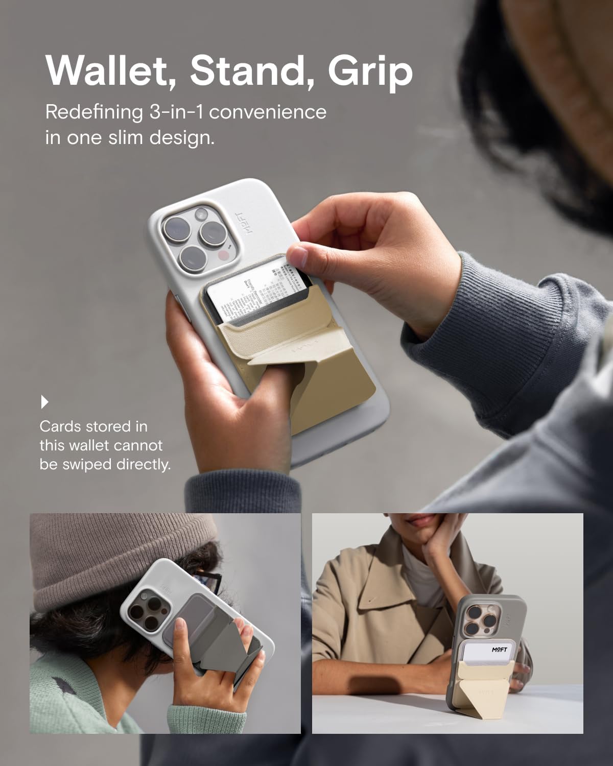 MOFT Magnetic Wallet Stand Compatible with iPhone 16/15/14/13/12 Series, Angle Adjustment MOVAS Phone Stand, Cool Grey